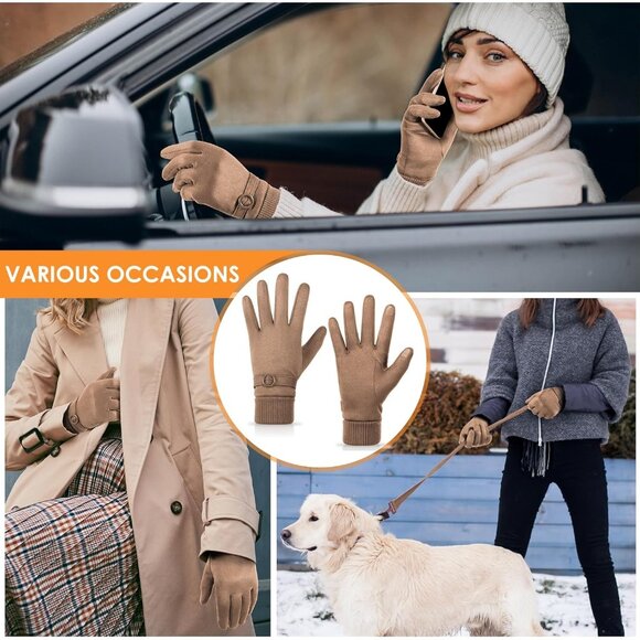 Women's Beige Winter Cold Weather Windproof Thermal Fleece Cuff Lined Gloves - Picture 7 of 7